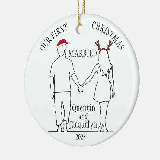 Onze eerste kerst getrouwd Santa Hat & Antlers Keramisch Ornament (Links)