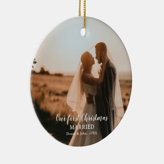 Onze eerste kerst getrouwd script elegante foto keramisch ornament (Rechts)