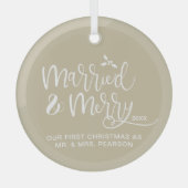 Onze eerste kerst getrouwd vrolijk neutraal beige glas ornament (Voorkant)