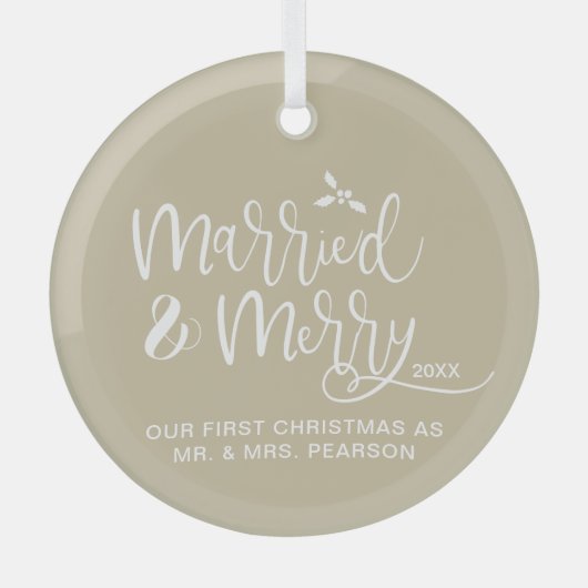 Onze eerste kerst getrouwd vrolijk neutraal beige glas ornament (Voorkant)