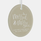 Onze eerste kerst getrouwd vrolijk neutraal beige glas ornament (Voorkant Rechts)