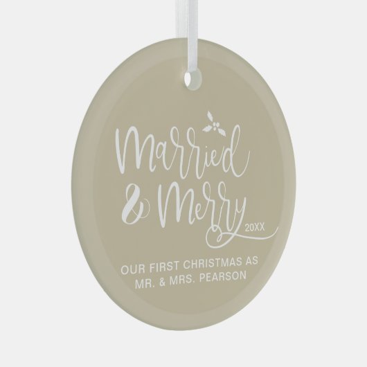Onze eerste kerst getrouwd vrolijk neutraal beige glas ornament (Voorkant Rechts)