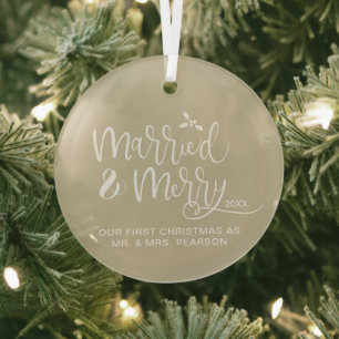 Onze eerste kerst getrouwd vrolijk neutraal beige glas ornament
