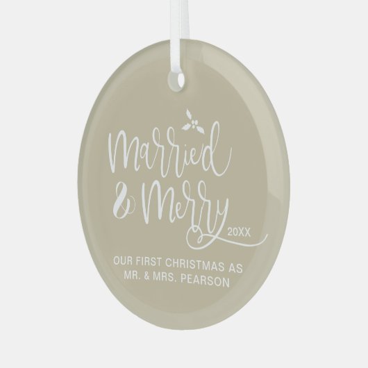 Onze eerste kerst getrouwd vrolijk neutraal beige glas ornament (Voorkant links)