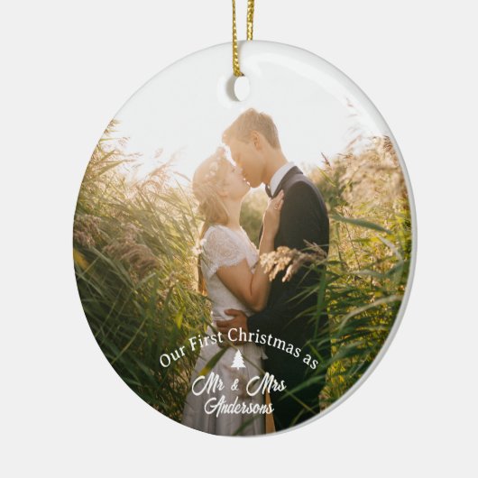 Onze eerste kerst getrouwde elegante script foto keramisch ornament (Links)