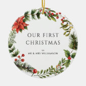 Onze eerste kerst getrouwde foto botanisch keramisch ornament (Voorkant)