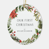 Onze eerste kerst getrouwde foto botanisch keramisch ornament (Links)