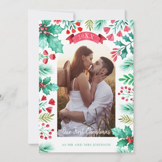 Onze eerste kerst getrouwde foto Waterverf Feestdagenkaart (Voorkant)