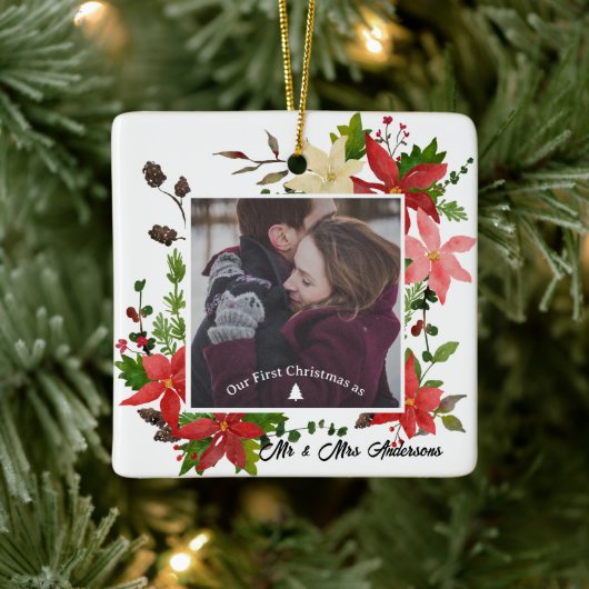 Onze eerste kerst getrouwde Poinsettia foto Keramisch Ornament (Boom)
