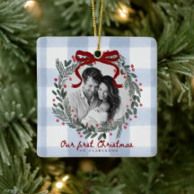 Onze Eerste Kerst Gingham Krans Foto Ornament