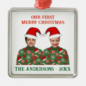 Onze eerste kerst grappige foto lelijke trui metalen ornament (Voorkant)