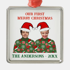 Onze eerste kerst grappige foto lelijke trui metalen ornament