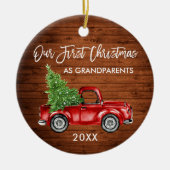 Onze eerste kerst grootouders hout rode vrachtwage keramisch ornament (Voorkant)