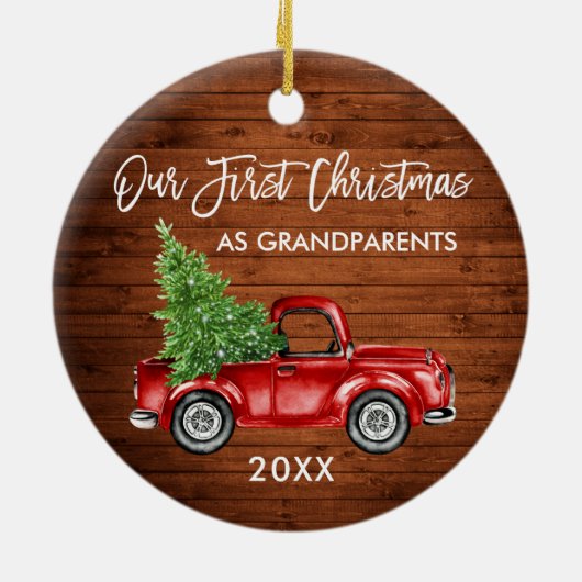 Onze eerste kerst grootouders hout rode vrachtwage keramisch ornament (Achterkant)