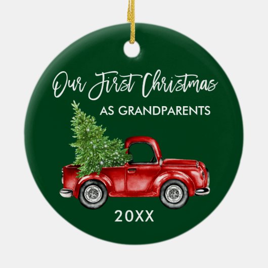 Onze eerste kerst grootouders truck groen keramisch ornament (Achterkant)