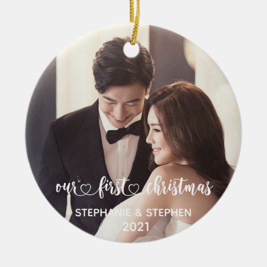 Onze Eerste Kerst Hart Handgeschreven Foto Keramisch Ornament (Voorkant)