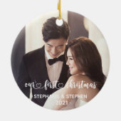 Onze Eerste Kerst Hart Handgeschreven Foto Keramisch Ornament (Achterkant)