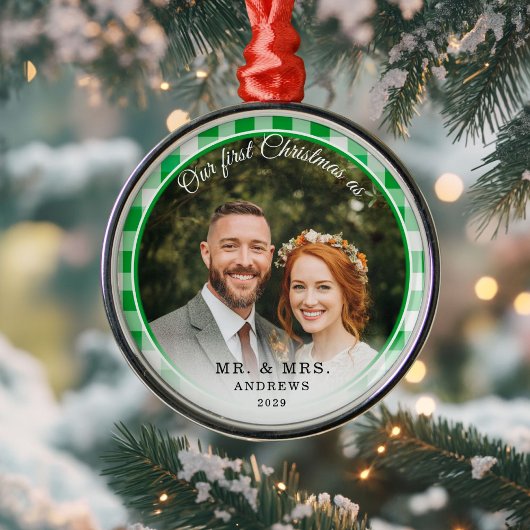 Onze eerste kerst-heer & mevrouw Foto Green Gingha Metalen Ornament