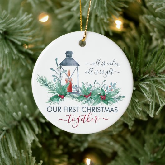 Onze eerste kerst Holly en Candlelit Lantern Keramisch Ornament (Boom)