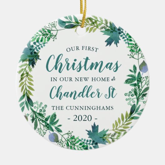 Onze eerste kerst in New Home Kerstmis Wreate Keramisch Ornament (Voorkant)