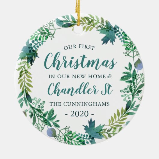 Onze eerste kerst in New Home Kerstmis Wreate Keramisch Ornament (Achterkant)