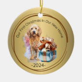 Onze eerste kerst in ons nieuwe huis goud keramisch ornament (Voorkant)