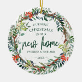 Onze eerste kerst in onze nieuwe roestrijke adem keramisch ornament (Voorkant)