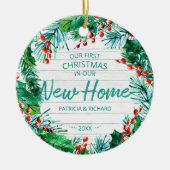 Onze eerste kerst in onze nieuwe roestrijke adem keramisch ornament (Voorkant)