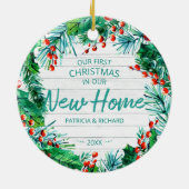 Onze eerste kerst in onze nieuwe roestrijke adem keramisch ornament (Achterkant)