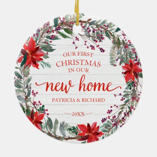 Onze eerste kerst in onze nieuwe roestrijke adem keramisch ornament (Achterkant)