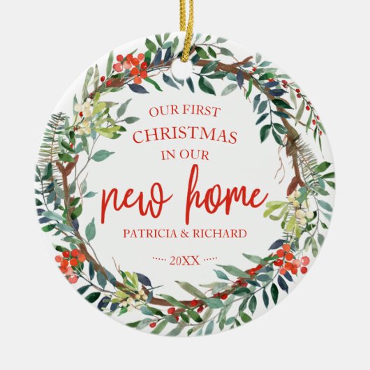 Onze eerste kerst in onze nieuwe roestrijke adem keramisch ornament (Voorkant)