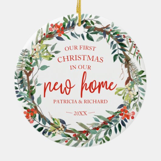 Onze eerste kerst in onze nieuwe roestrijke adem keramisch ornament (Achterkant)