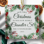 Onze eerste kerst in onze nieuwe thuisWaterverf Keramisch Ornament<br><div class="desc">Onze Eerste Kerstmis in<add name="" of="" your="" street="">Street in klassiek en eenvoudig serif en krullend manuscript typografie op een moderne eenvoudige achtergrond van waterverf foliage botanicals</add></div>