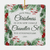 Onze eerste kerst in onze nieuwe thuisWaterverf Keramisch Ornament (Achterkant)