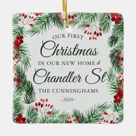 Onze eerste kerst in onze nieuwe thuisWaterverf Keramisch Ornament (Voorkant)