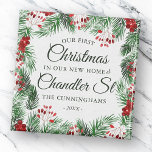Onze eerste kerst in onze nieuwe thuisWaterverf Magneet<br><div class="desc">Onze Eerste Kerstmis in<add name="" of="" your="" street="">Street in klassiek en eenvoudig serif en krullend manuscript typografie op een moderne eenvoudige achtergrond van waterverf foliage botanicals</add></div>