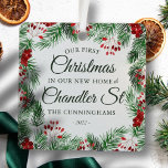 Onze eerste kerst in onze nieuwe thuisWaterverf Metalen Ornament<br><div class="desc">Onze Eerste Kerstmis in<add name="" of="" your="" street="">Street in klassiek en eenvoudig serif en krullend manuscript typografie op een moderne eenvoudige achtergrond van waterverf foliage botanicals</add></div>