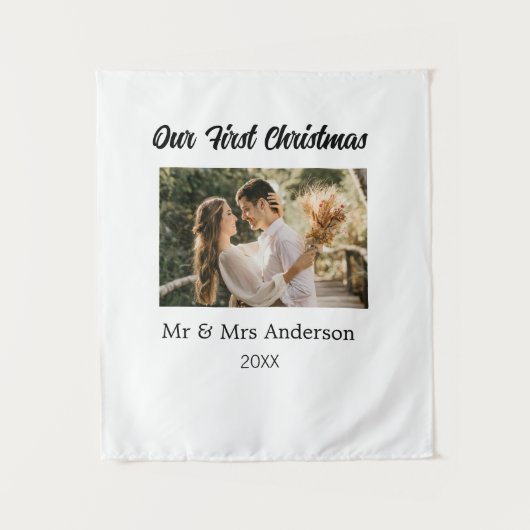 Onze eerste kerst koppel foto naam Dhr & Mevrouw m Wandkleed (Voorkant)