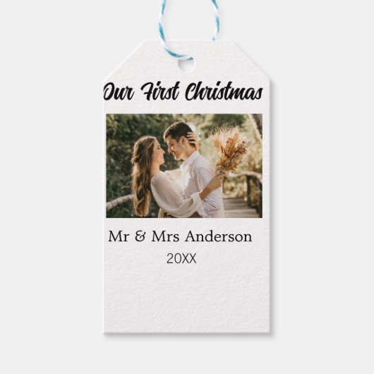 Onze eerste kerst koppel foto naam Mijnheer & Mevr Cadeaulabel (Voorkant)