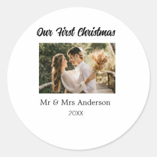 Onze eerste kerst koppel foto naam Mijnheer & Mevr Ronde Sticker