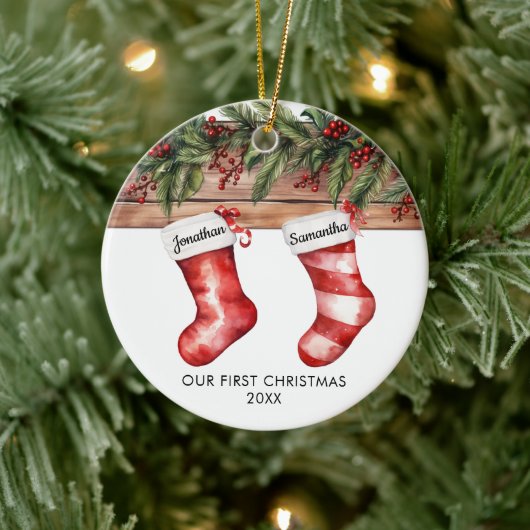 Onze eerste kerst leuke sokken stel keramisch ornament (Boom)