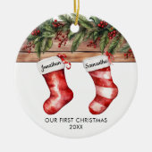 Onze eerste kerst leuke sokken stel keramisch ornament (Voorkant)