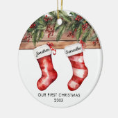 Onze eerste kerst leuke sokken stel keramisch ornament (Links)