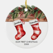 Onze eerste kerst leuke sokken stel keramisch ornament (Achterkant)