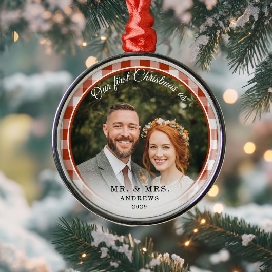 Onze eerste kerst-meneer en mevrouw foto Red Gingh Metalen Ornament