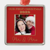 Onze eerste kerst meneer en mevrouw foto rood en g metalen ornament (Voorkant)