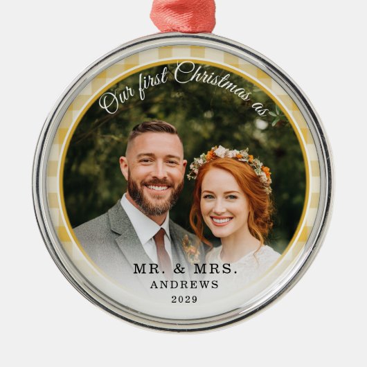 Onze eerste kerst-meneer en mevrouw. Foto: Yellow  Metalen Ornament (Voorkant)