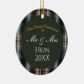 Onze eerste kerst meneer en mevrouw Green Plaid Keramisch Ornament (Rechts)