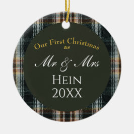 Onze eerste kerst meneer en mevrouw Green Plaid Keramisch Ornament