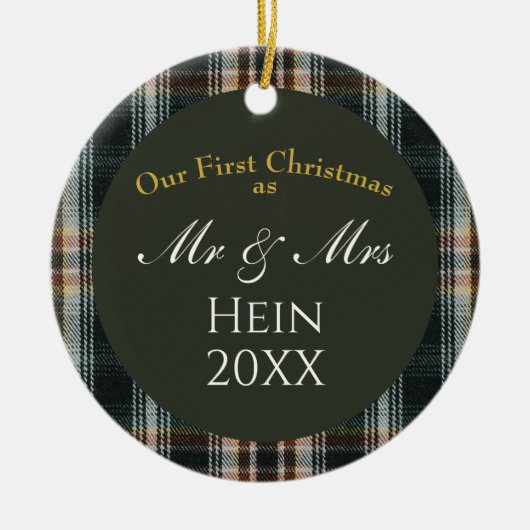 Onze eerste kerst meneer en mevrouw Green Plaid Keramisch Ornament (Voorkant)